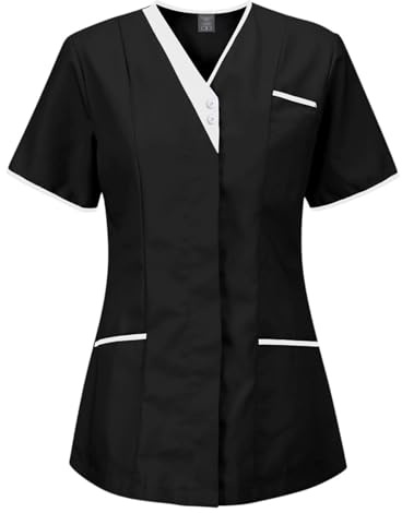 Meichoon Top da donna per uniforme medica top scollo a V 3 tasche manica corta slim fit traspirante traspirante asciugatura rapida anti pelucchi, Nero , XL