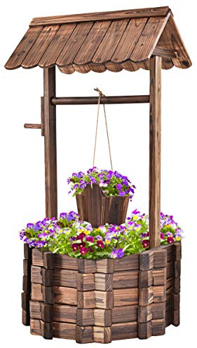 FANTASK Fuente de Madera para los Deseos con Techo y Cubo Colgante, Maceta Decorativa de Pino Natural, decoración de jardín, 56 x 56 x 114 cm