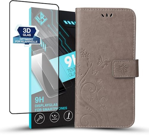 LBH Handy Hülle für Xiaomi 12 Pro Case mit 9H Displayglas Handytasche Schmetterling Blumen Flower Standfunktion Schutzhülle Magnet Rundum Schutz 360 Grad Flipcase Grau