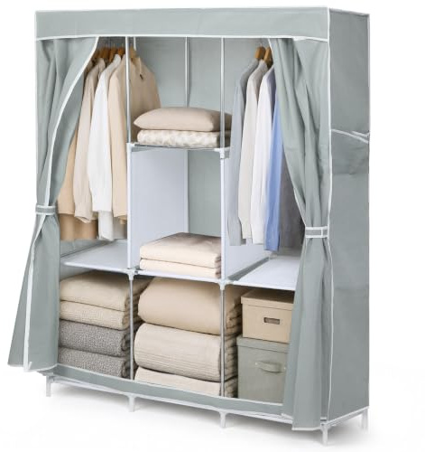 YAGOKKI Portable Fabric Wardrobe, 49.2 x 17.7 x 66.1 in Temporary Heavy-Duty Wardrobe, Foldable Canvas Clothes Closet, Free Standing Garment Rack, Bedroom Cabinet for Hanging Outfits, Bedding