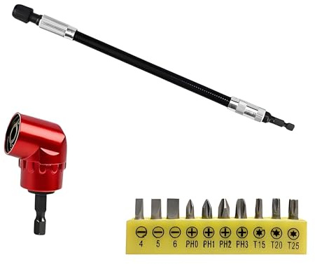 300mm Tige Flexible, 105° Renvoi d'Angle Visseuse & Renvoi d'Angle | 10pcs Embout Visseuse 1/4avec Support Jaune, pour Assemblage Meubles, Réparations Mécaniques et Travaux Dans Espaces Étroits