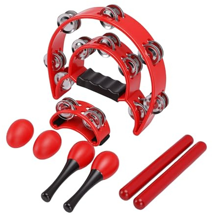 Zhjvihx Set di Percussioni Rosse, 8 Pezzi di Tamburello, Maracas, Bastoncini Ritmici, Shaker per Uova con Tamburo a Mano, per Feste in Aula, Educazione Musicale, Set di Strumenti