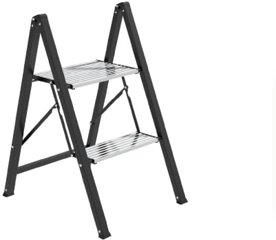 Amig Taburete Plegable 2 Peldaños Negro 66x48x40 cm | Fabricado en aluminio y acero. Antideslizante, estable, resistente y fácil de guardar.