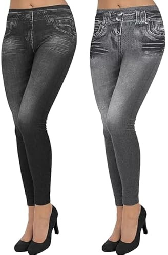 ShopINess Confezione da 2 Jeggings Donna (1 Nero + 1 Grigio) – Leggings Effetto Jeans con Tasche Vere – Vita Alta, Effetto Push Up e Interno Morbido, Pantaloni Elasticizzati Slim Fit (S/M)