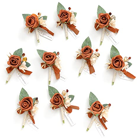 Ling's moment Boutonniere for Men, Fall Terracotta Orange, 10pcs