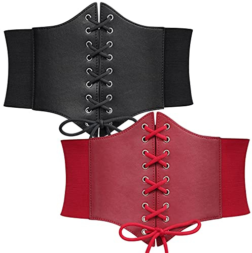 WERFORU 2 Pack Women Elastic Corset Belts Retro Wide Stretchy Tied Waspie Waist Belt