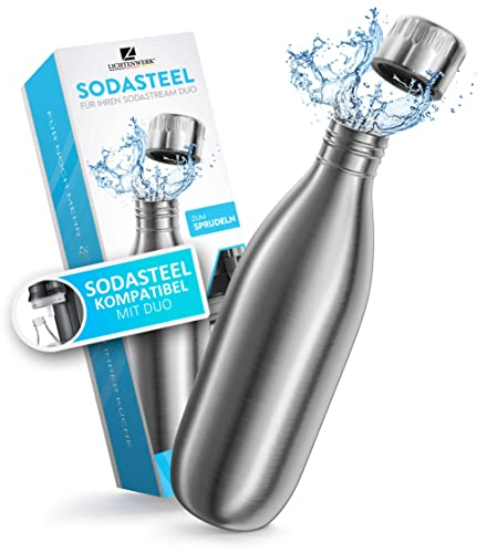 LICHTENWERK® Premium Edelstahl Flasche 1L [EXTRA GROß] kompatibel mit SodaStream Duo - Kohlensäure geeignet - Spülmaschinenfest - Edelstahl Trinkflasche