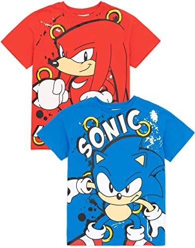 Sonic The Hedgehog T-Shirt 2er Pack Kinder | Jungen Mädchen Sonic Knuckles Spiel Film Charaktere Blau und Rot Top | Merchandise Geschenke für ihn her