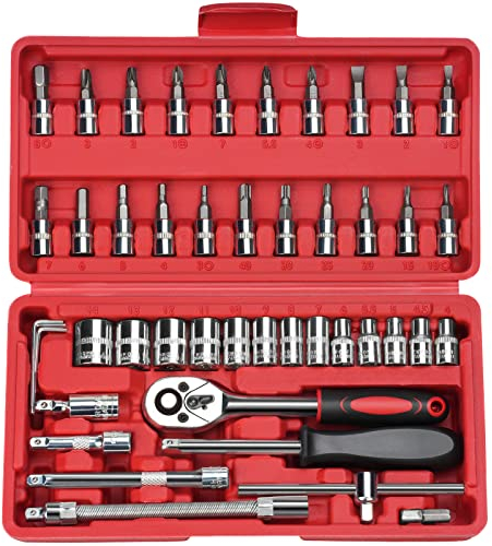 profiwoab 46 Pezzi Set di Chiavi a Bussola,Metric Bit Set Chiavi a Tubo Cricchetto Reversibile con Chiave a Cricchetto Torx Set per La Riparazione di Automobili e Motocicli