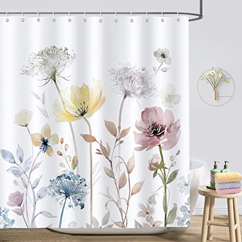 Bonhause Duschvorhang Aquarell Blumen Rosa Gelbe Pflanze Duschvorhänge 180 x 180 cm Anti-Schimmel Wasserdicht Polyester Stoff Waschbar Bad Vorhäng für Badzimmer mit 12 Haken