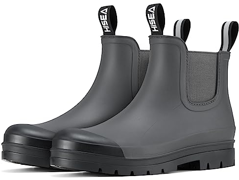 HISEA Women's Short Rain Boots Fashion Waterproof Chelsea Boots Ankle Garden Shoes for Ladies Non Slip Outdoor Work Booties Lightweight Rubber Rainboots with Comfort Insole, Size 8 Grey