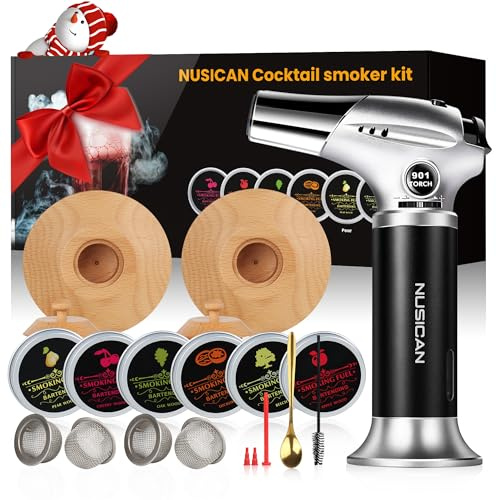 Cocktail Smoker Kit with Torch, 6 Flavors Wood Chips for Whiskey and Bourbon, Old Fashioned Smoker Kit for Infused Cocktail, Cheese, Salad and Meats, Gifts for Men, Dad and Boyfriend (No Butane)