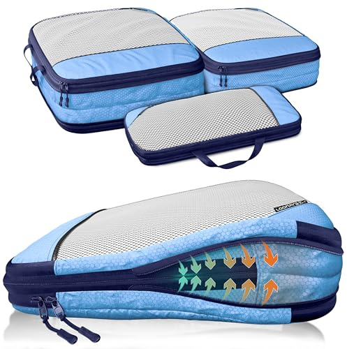 LOONARA Bolsas de compresión para maletas y mochilas [3 unidades] - Cubos de almacenamiento compresibles, organizadores que ocupan poco espacio para el equipaje – (Azul Marino - Azul)