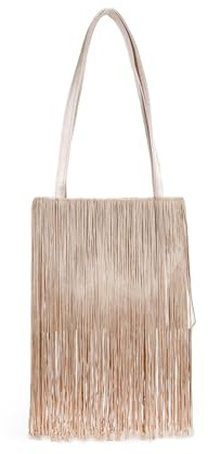 BOSANOVA Bolso pequeño de Fiesta para Mujer en Material de satén Brillante con Flecos alargados al Tono y Asas de Hombro o de Mano. Cierre con imán. Beige U