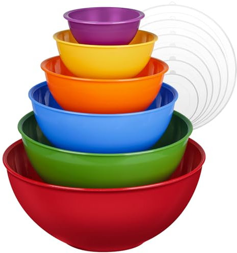 Greentainer Lot de 12 bols mélangeurs en plastique colorés avec couvercles, 6 bols de préparation et 6 couvercles, passe au micro-ondes et au congélateur (rouge)
