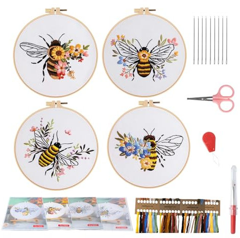 Homewit Stickset für Anfänger, 4 Stück Bienen-Stickerei-Set mit Blumenmuster Stickerei Kreuzstich Set DIY Handmade Embroidery Starter Kit mit Anleitung, Stickrahmen, Werkzeuge und Fäden, 30 * 30cm