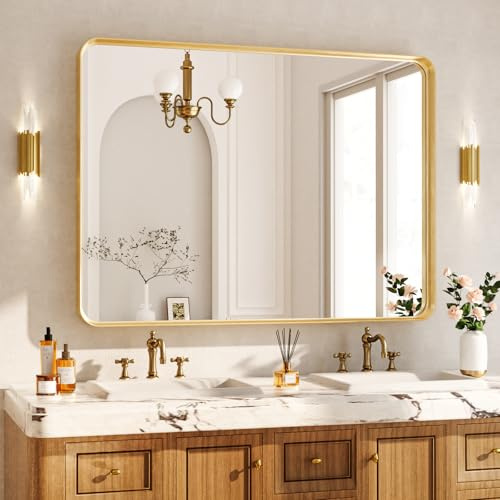 Koonmi Miroir Mural à Cadre Profond, 120 x 90 cm, Miroir de Salle de Bain rectangulaire de Luxe Haut de Gamme, Miroir à Cadre avec Coins effilés pour Suspension Horizontale ou Verticale, doré