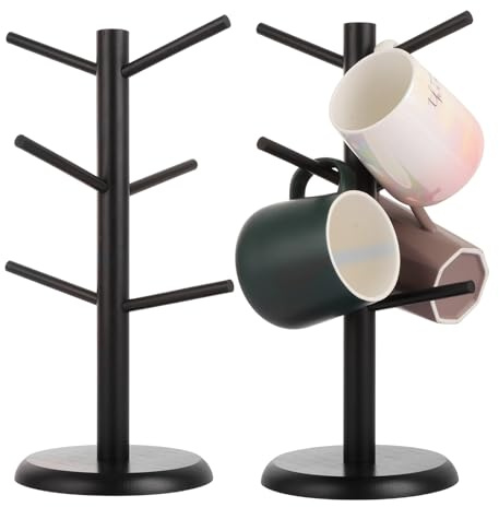 Oungy 2 Pack Wooden Mug Tree 6 Mugs, Black Wooden Cup Tree Cup Holder Mug Stand Mugs Holders for Kitchen, Office, Bar