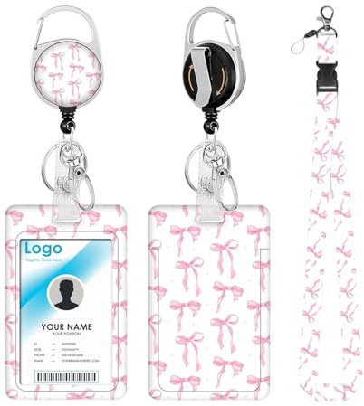 Ausweishülle mit Band Lanyard mit ID Kartenhalte Ausweishalter mit Clip Id Badge Holder Rosa Schleifendesign Breakaway Lanyard Einziehbar Robust für Frauen in der Krankenpflege Arztpraxis