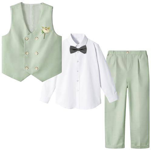 LOLANTA 4-Piece Formal Suit for Boy, Double-Breasted Waistcoat Set, Kids Birthday Wedding Party Occasionwear, Green, 6-7 Years, 130