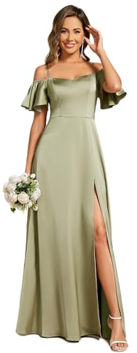 Ever-Pretty Robe Demoiselle d'honneur Satin Épaules Nues Volants Coupe Élégante Fente Vert Sauge 42