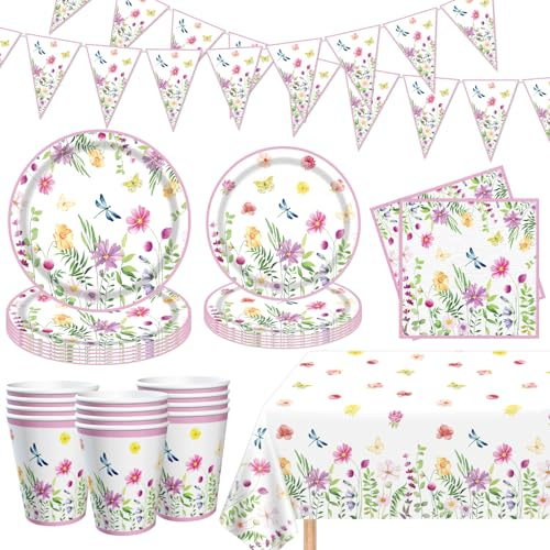 83 Confezione Primavera Fiore Party Supplies floreale carta Piatti Banner, tovaglia, tovaglioli Estate Wildflower Baby Shower Compleanno Tableware Decorazioni per Primavera Picnic Matrimonio