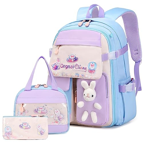 FIXITOK Schulrucksack Mädchen, Süßer Hasen Rucksack mit Brottasche & Federmäppchen, Kinderrucksack Mädchen Schulranzen für 1.-5. Klasse wasserdicht leicht School Bag Daypack für Schule