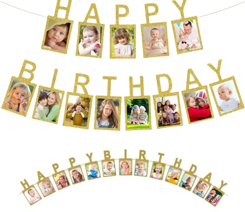 Heyumybit Happy Birthday Photo Banner,Photo Garland for Birthday,Golden Glitter Paper Banner,Party Decoration for Kids and Adults Girls