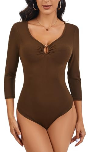 LEYSHE Dambody, 3/4 ärmar, elegant, V-ringad, bodysuit, topp med metallring, volanglook, smal skuren bodysuit, topp, BRUN, S