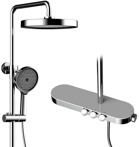 HKTHE Duschpelare, HSS0598 modernt pianotangenter duschset, 10 cm/25 cm duschsystem, 420 mm stort förvaringsbord, badkarskran, 59A koppar, justerbar höjd