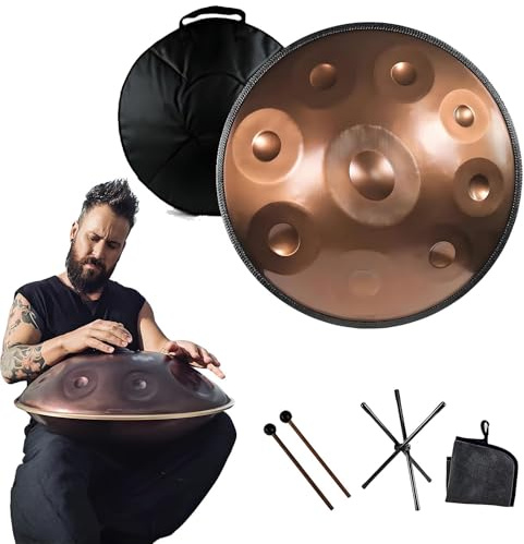 Music Handpan 22 In, 440Hz Classic G Minor 9/10/12 Notes handpan drums, Steel Adult's Hand Pan with Storage Bag, Mallet, Braid, Stand for Children, Adults(Gold,10 Notes)