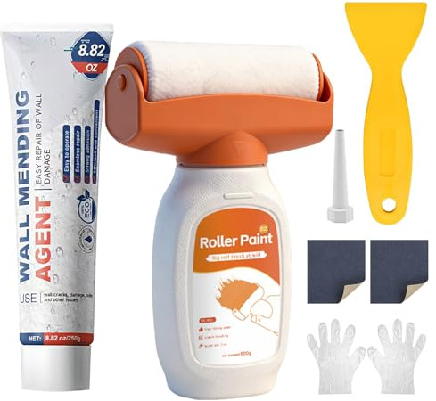 Kit de Réparation Murale avec Peinture au Rouleau 500g et Enduit de Rebouchage 250g, Peinture Blanche pour Taches et Fissures, Kit DIY Wall Mending Agent avec Accessoires