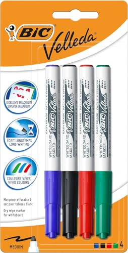BIC Velleda 1741 Pennarelli per lavagna bianca Effa & ccedil;ables & agrave; Punta Conica Asciutta Media - Colori Assortiti, Blister da 4
