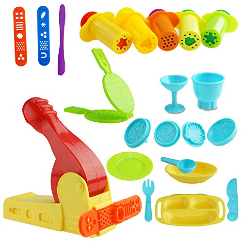 Kare & Kind Ensemble de 22 Outils pour Pâte à Modeler Ensemble Petit-Déjeuner avec Machine à Extruder, Extrudeuses, Modèles et Moules, Coupe-Pâte Accessoires de Pâte à Modeler, Jouets pour Enfants