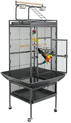 ZENY 61-inch Playtop Parrot Bird Cages, Wrought Iron Large Birdcage with Rolling Stand for Parakeet Cockatiels Quaker Conure Lovebird Finch Canary Small Medium Parrot Cage Birdcage (Black)