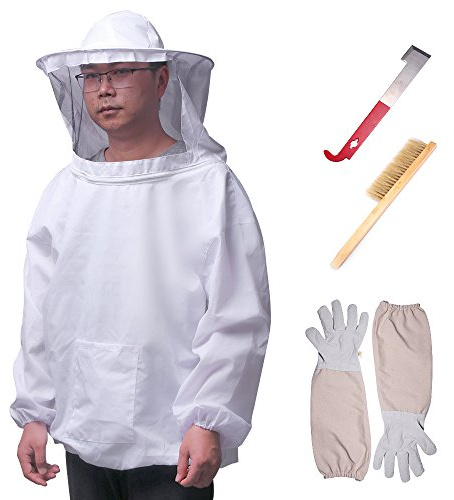 ALLOMN Set di Apicoltura, Set di Attrezzi Suit Apicoltore Attrezzature Per l'apicoltura Tuta Traspirante Ter Ape e Velo Giacca a Maniche Lunghe Guanti Ape Alveare Spazzola J gancio Alveare Set di 4 PC