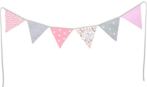 PREMYO Wimpelkette Kinderzimmer Mädchen Stoff - 6 Wimpel Girlande Bunt Beidseitig - Babyzimmer Deko Rosa Grau