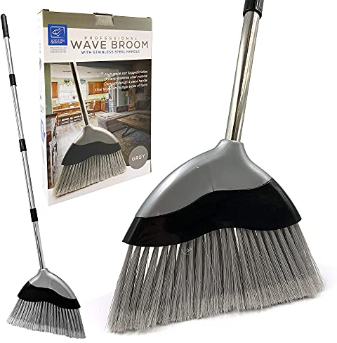 Escoba suave para interiores con mango de 120 cm de largo, cepillo de barrido de escoba ondulada con cepillo de cerdas suaves en ángulo y mango de acero inoxidable de 4 secciones, cepillo de piso para