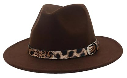 Cappelli di Panama delle donne a tesa larga feltro Fedora Cappelli con fibbia della cintura del leopardo