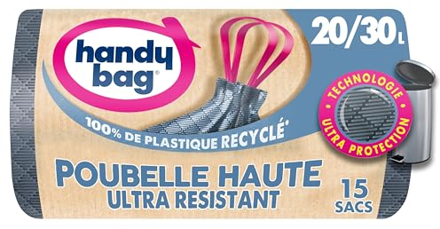 Handy Bag - Sacs poubelle haute à poignées coulissantes 20L/30L x 15 sacs - Technologie Ultra Protection : trame et film triple épaisseur - Étanchéité maximale - 100% plastique recyclé