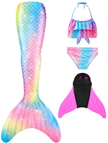 NAITOKE meerjungfrauenflosse mädchen Badeanzug - Meerjungfrau Flosse Bademode mit Bikini Set und Monoflosse Mermaid Tail, 4 Stück Set