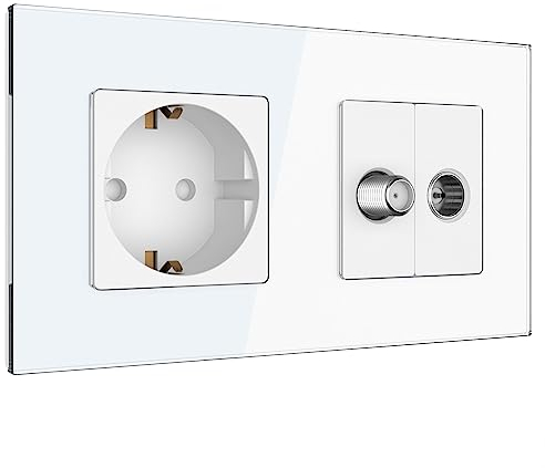 PULSAR Sat Kabel Dose mit Steckdose Unterputz 2-Fach Glas Weiß für Kabelfernsehen Satelliten TV-Anschluss, Antennendose Anschlussdose mit Glasrahmen