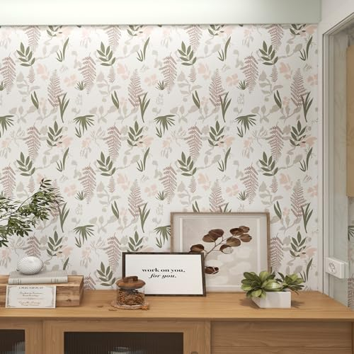 Yangfix Papel Pintado Autoadhesivo Verdes, Rosas y Grises Flores y Hojas Despegar y Pegar Papel de Contacto Impermeable y Extraíble Rollo de Vinilo para Cocina 44x500cm