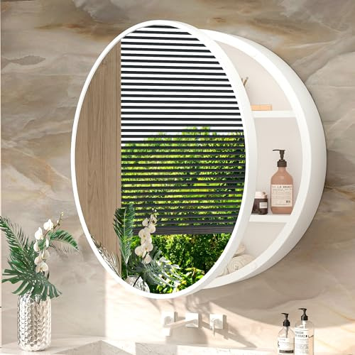TokeShimi 24 Inch Round Bathroom Medicine Cabinet with Mirror Surface Mount Only Circular White Framed Farmhouse Medicine Cabinets for Wall Small Circle Mirrored Bath Cabinet with Vanity Mirror