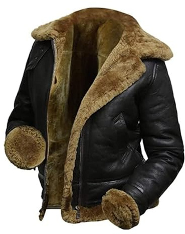 EDGESTYLE Women's B3 Shearling Bomber Jacket RAF Aviator Pilor Genuine Sheepskin Leather Jacket Removable Hoodie (US, Alpha, Medium, Regular, Regular, Black - Brown Fur)