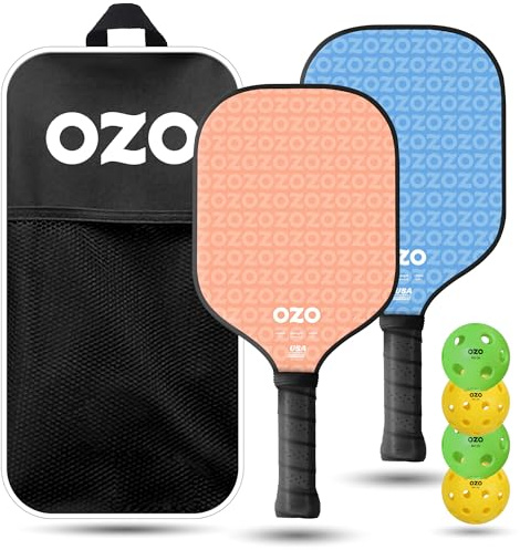 OZO Pickleball – Set mit 2 Schlägern + 4 Bällen + Tasche – Spark Energia Ritmo (Power-Schläger für Anfänger) + 4 Injektionsbälle (2xIndoor+2xOutdoor) USAPA-Zugelassen, Pink + Blue