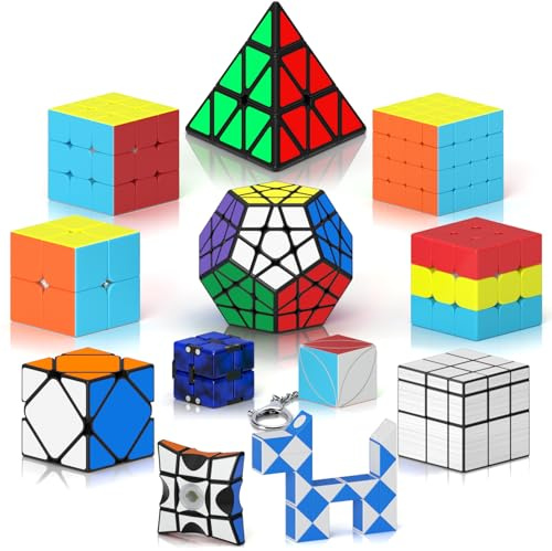ROXENDA 12 Packs Speed Cube Set, 2x2 3x3 4x4 Pyramid Skewb Infinity Sticker Puzzle Cube 1x3x3 Spinner Cube Bundle, Christmas Birthday Party Toy for Kids Teens Adults (12 Pack)