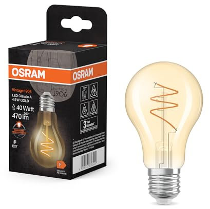 OSRAM Vintage 1906 Classic es una de color blanco cálido con un filamento en espiral en forma de bombilla clásica. Ofrece 4,9 W para 470 lm, casquillo E27, cristal dorado, 60 mm de diámetro, 2200 K.