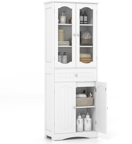 COSTWAY Armario Alto, Mueble Columna de Baño Independiente con 4 Puertas, Gabinete con 5 Estantes y 1 Cajón de Almacenamiento, Armario de Suelo para Cocina o Sala de Estar, Comedor, Oficina (Blanco)