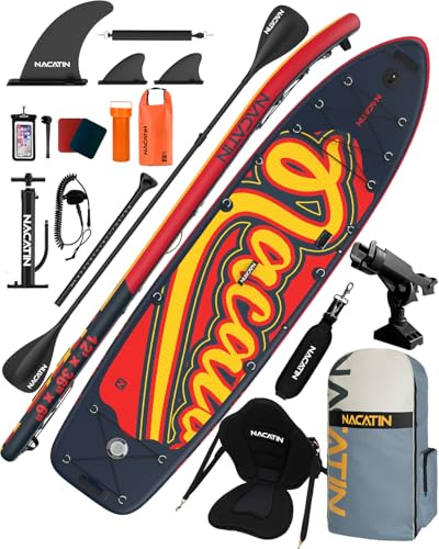 NACATIN 12'/366cm Extra Large Inflatable Stand Up Paddle Board with Seat, Wide 36/91cm SUP Board for Adults & Family, with Single/Double Paddle, Kayak Seat, Pump, Stable Wide Deck for Beginners